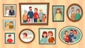 Cartoon family photo frames. Happy people portraits in wall picture frames, family portrait photos vector illustration Royalty Free Stock Photo