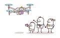 Cartoon Family playing with a Flying drone