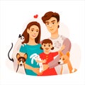 Cartoon family portrait. Parents with a child and pets. Parents hug the child. Taking care of the family.