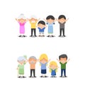 Cartoon family portraits. Happy parents and children portrait, old grandmother and grandfather. Big family, senior and teenager ge