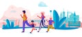 Cartoon family running in park. Parents and children doing exercises sport activities on holidays. Vector happy family