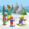 Cartoon family skiing in snowy hills together. mother with kids