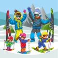 Cartoon family skiing in snowy hills together Royalty Free Stock Photo