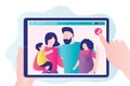 Cartoon family on tablet screen. Hand holds device with parents and children in screen. Video call and online conference Royalty Free Stock Photo