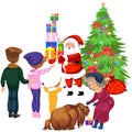 Cartoon family taking presents from santa claus