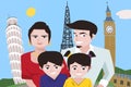 cartoon family taking selfie against europe attractions backgrou