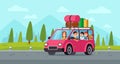 Cartoon family travel in car. Happy father, mother and childrens drive on holiday trip with luggage. Traveling vector Royalty Free Stock Photo