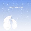 Cartoon fan, cute white rabbits, snow, Happy New Year stock vector illustration