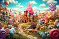 Cartoon fantastic candy land landscape with sweet castle. Generative AI illustration.