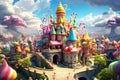 Cartoon fantastic candy land landscape with sweet castle. Generative AI illustration.