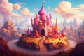 Cartoon fantastic candy land landscape with sweet castle. Generative AI illustration with gingerbread houses of a fairy Royalty Free Stock Photo