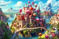 Cartoon fantastic candy land landscape with sweet castle. Generative AI illustration with gingerbread houses of a fairy Royalty Free Stock Photo