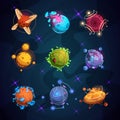 Cartoon fantastic planets. Fantasy alien planet objects for space game