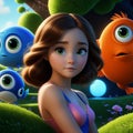 Cartoon fantasy. Beautiful girl with big green eyes in a magical garden. Character design.