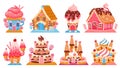 Cartoon fantasy candy houses and fairy tale sweet castles. Dreamland cake buildings. Chocolate, gingerbread and ice