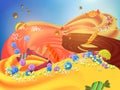 Cartoon fantasy candy land location. Sweet world background with candies sprinkling and swirls on mesh. Vector illustration. Easy