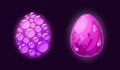 Cartoon Fantasy Eggs Of Dragon With Mysterious Bubbles And Purple Shell. Dinosaur And Reptile Ui Game Assets