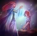 Cartoon fantasy goddess queen gives crystal pendant to girl