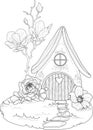 Cartoon fantasy graphic elf house with roses and magnolia flowers sketch template. Royalty Free Stock Photo