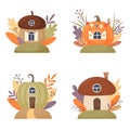 Cartoon fantasy houses for fairies, elves, gnomes. Mushroom, pumpkin and acorn cute fairy houses