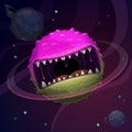 Cartoon fantasy monster planet with giant scary mouth on cosmic background.