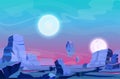 Cartoon fantasy nature panorama scenery with purple rocks land relief, satellites planets in blue cosmos sky. Alien