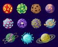 Cartoon fantasy planets, cartoon fantastic galaxy elements. Alien universe asteroids and space bodies fantastic vector symbols