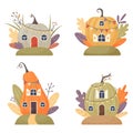 Cartoon fantasy pumpkin houses for fairies, elves, gnomes.