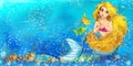 Cartoon fantasy scene of natural underwater ocean - beautiful manga girl Royalty Free Stock Photo