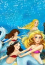 Cartoon fantasy scene on underwater kingdom - beautiful manga girl - mermaid friends