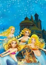 Cartoon fantasy scene on underwater kingdom - beautiful manga girl - mermaid friends Royalty Free Stock Photo