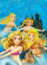 Cartoon fantasy scene on underwater kingdom - beautiful manga girl - mermaid friends Royalty Free Stock Photo