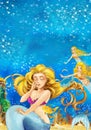 Cartoon fantasy scene on underwater kingdom - beautiful manga girl - mermaid friends Royalty Free Stock Photo