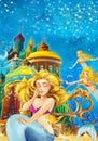 Cartoon fantasy scene on underwater kingdom - beautiful manga girl - mermaid friends Royalty Free Stock Photo