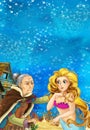 Cartoon fantasy scene on underwater village - with older woman mermaid and young mermaid talking - beautiful manga girl Royalty Free Stock Photo