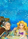 Cartoon fantasy scene on underwater village - with older woman mermaid and young mermaid talking - beautiful manga girl Royalty Free Stock Photo
