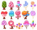 Cartoon fantasy sweet candy land caramel trees. Fantasy nature, game design sweet candy landscape elements vector Royalty Free Stock Photo