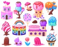 Cartoon fantasy sweet candy land landscape game elements. Sweets caramel, fairytale candy houses, lollipops, candy trees Royalty Free Stock Photo