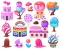 Cartoon fantasy sweet candy land landscape game elements. Sweets caramel, fairytale candy houses, lollipops, candy trees vector Royalty Free Stock Photo