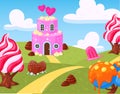 Cartoon fantasy sweet candy land landscape mobile game elements. Sweets fairy landscape, candy world game location Royalty Free Stock Photo