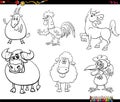 Cartoon farm animal characters set coloring book page Royalty Free Stock Photo