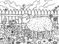 Cartoon farm animal sheep in the garden. Children coloring book. Generative ai.