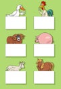 cartoon farm animals with cards or banners design set