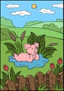 Cartoon farm animals. Cute little piggy is lying in a puddle and smiling.