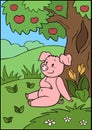 Cartoon farm animals. Cute little pig sitting near a tree on the grass and smiling.
