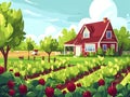 Cartoon Farm Background, A Farm With A House And Trees