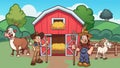 Cartoon farm with farmers, cow and goat