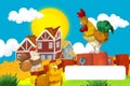 Cartoon farm happy scene with standing rooster and hen farm birds