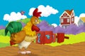 Cartoon farm happy scene with standing rooster and hen farm birds