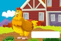 Cartoon farm happy scene with standing rooster and hen farm birds